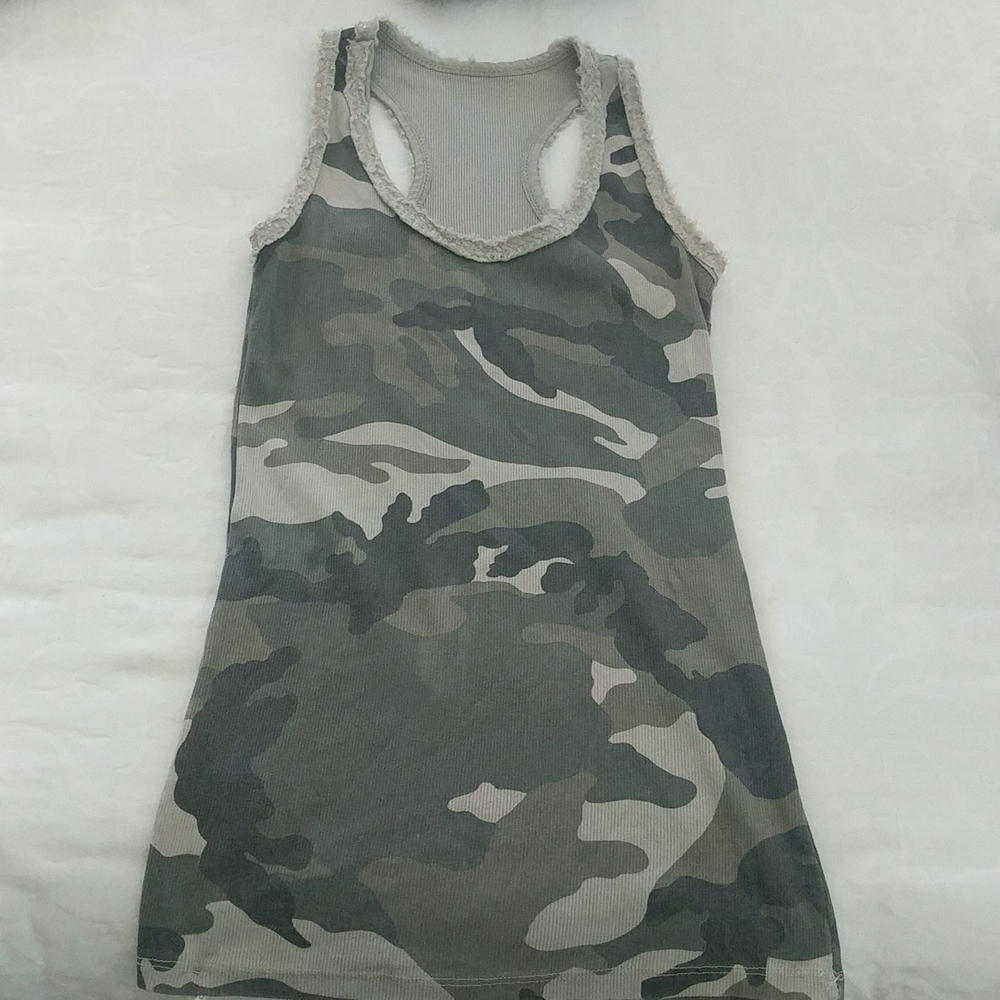 Army print razorback tank top with sequin embellishments